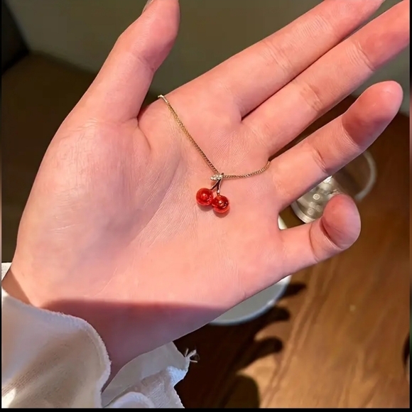 New! Cherry Pendant Necklace with Delicate Leaf - Trendy & Chic - Picture 7 of 8